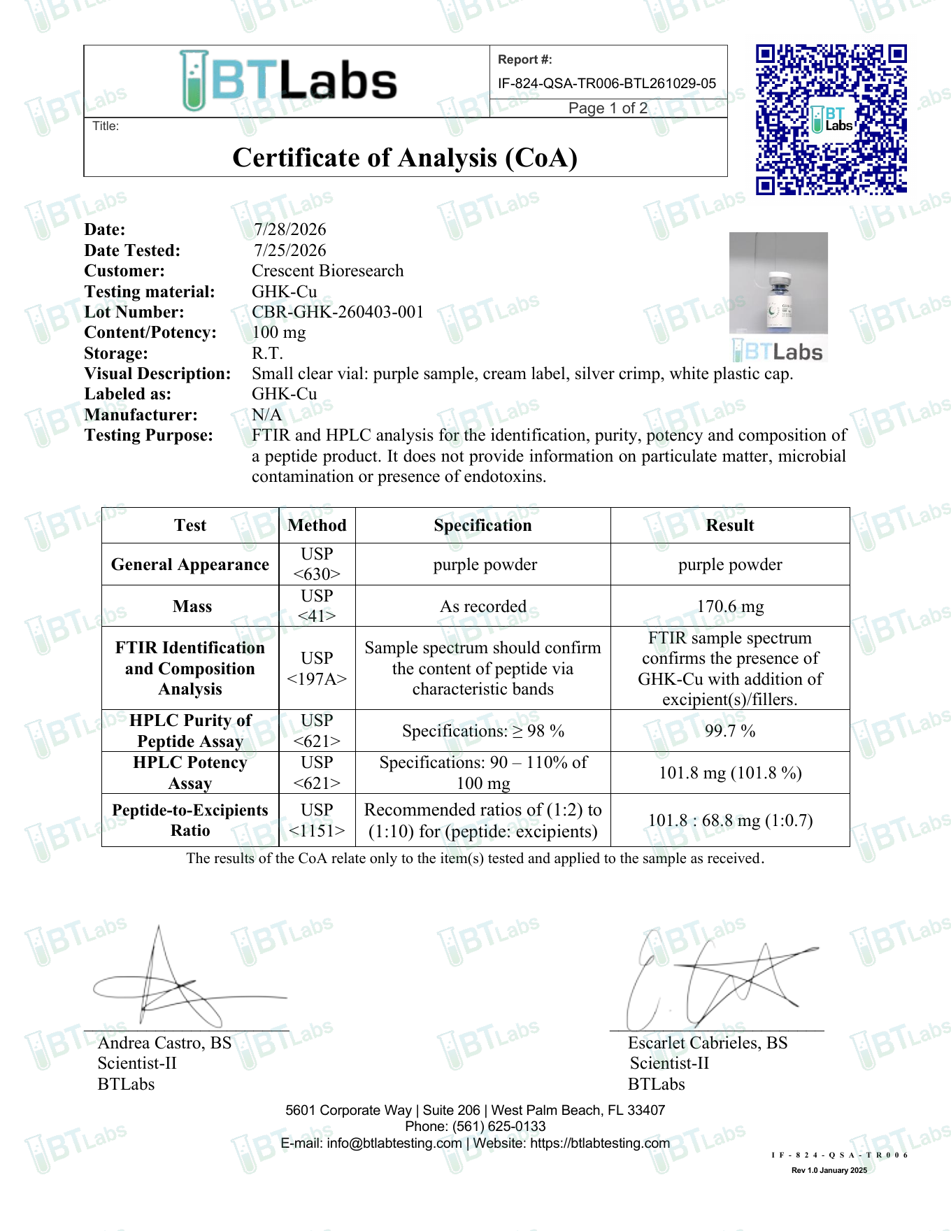 Page 1 of the certificate for GHK-Cu lot CBR-GHK-260403-001